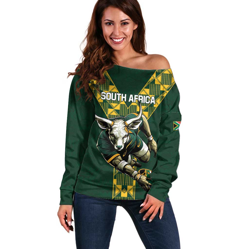 Custom South Africa 2024 Rugby Off Shoulder Sweater Go Springboks Protea Pattern - Wonder Print Shop