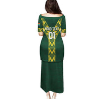 Green long dress with yellow rugby graphic, 'YOUR TEXT 01' on back