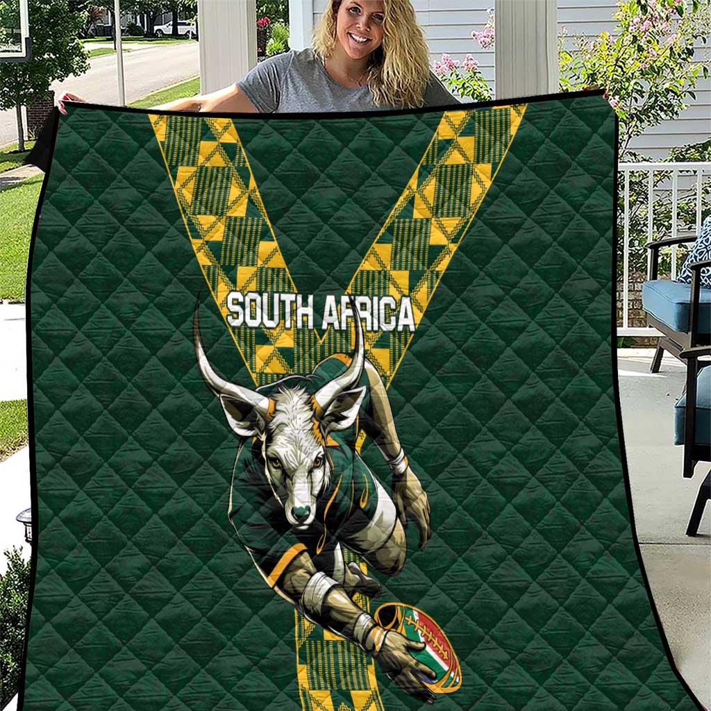 Green quilted South Africa rugby blanket with V emblem, protea-style accents, and kangaroo-like mascot
