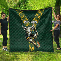 Green quilted South Africa rugby blanket with large V stripe logo and horned mascot holding a ball