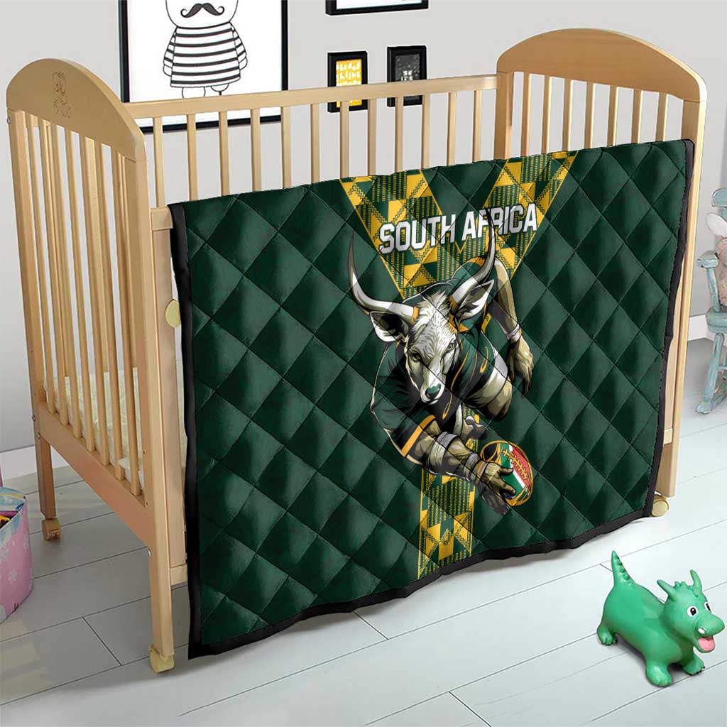 Green quilted South Africa rugby blanket for a baby bed with V stripe logo and horned mascot