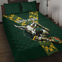 Green quilt bed set with South Africa emblem and springbok graphic, plus matching pillowcases