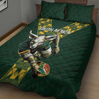 Green quilt bed set with large springbok runner graphic and South Africa text across quilt