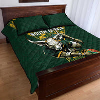 Green quilt bed set with springbok graphic and South Africa emblem, quilt and pillowcases