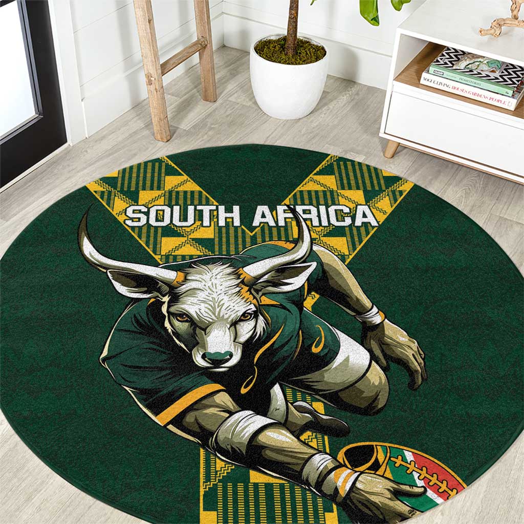 Green circular rug with South Africa wordmark and bull mascot graphic in yellow/green.