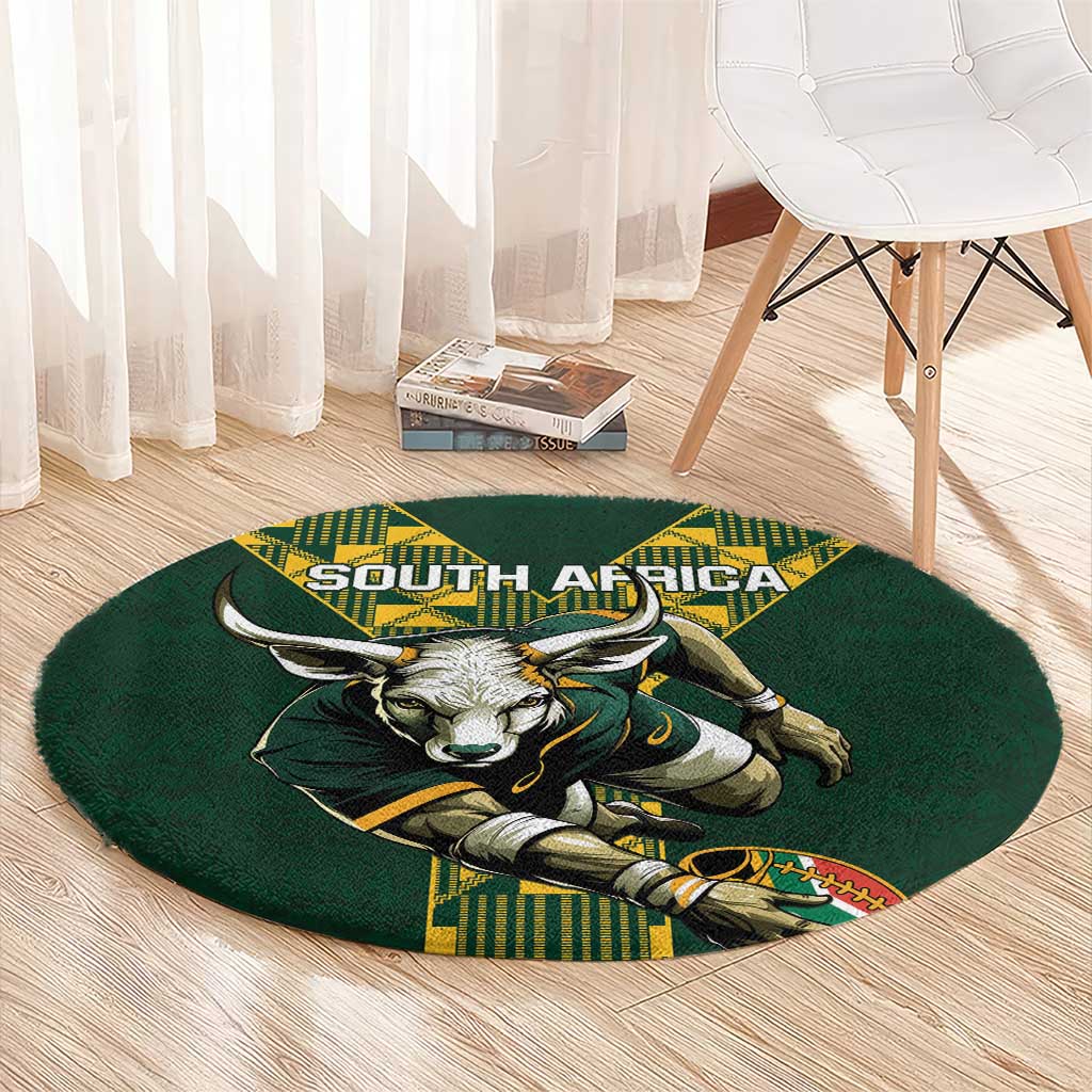 Green circular rug featuring South Africa text and bull mascot illustration with yellow border.