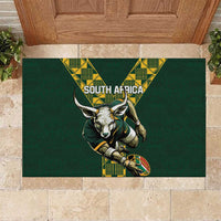 Green rugby doormat with South Africa text and springbok mascot graphic