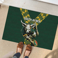 Green rugby doormat with South Africa emblem and springbok mascot in green jersey