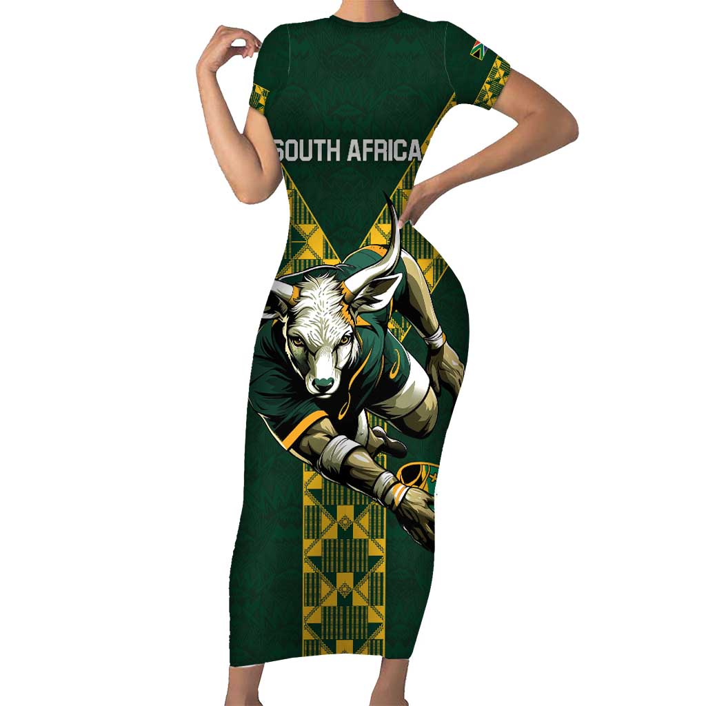 Custom South Africa 2024 Rugby Short Sleeve Bodycon Dress Go Springboks Protea Pattern - Wonder Print Shop