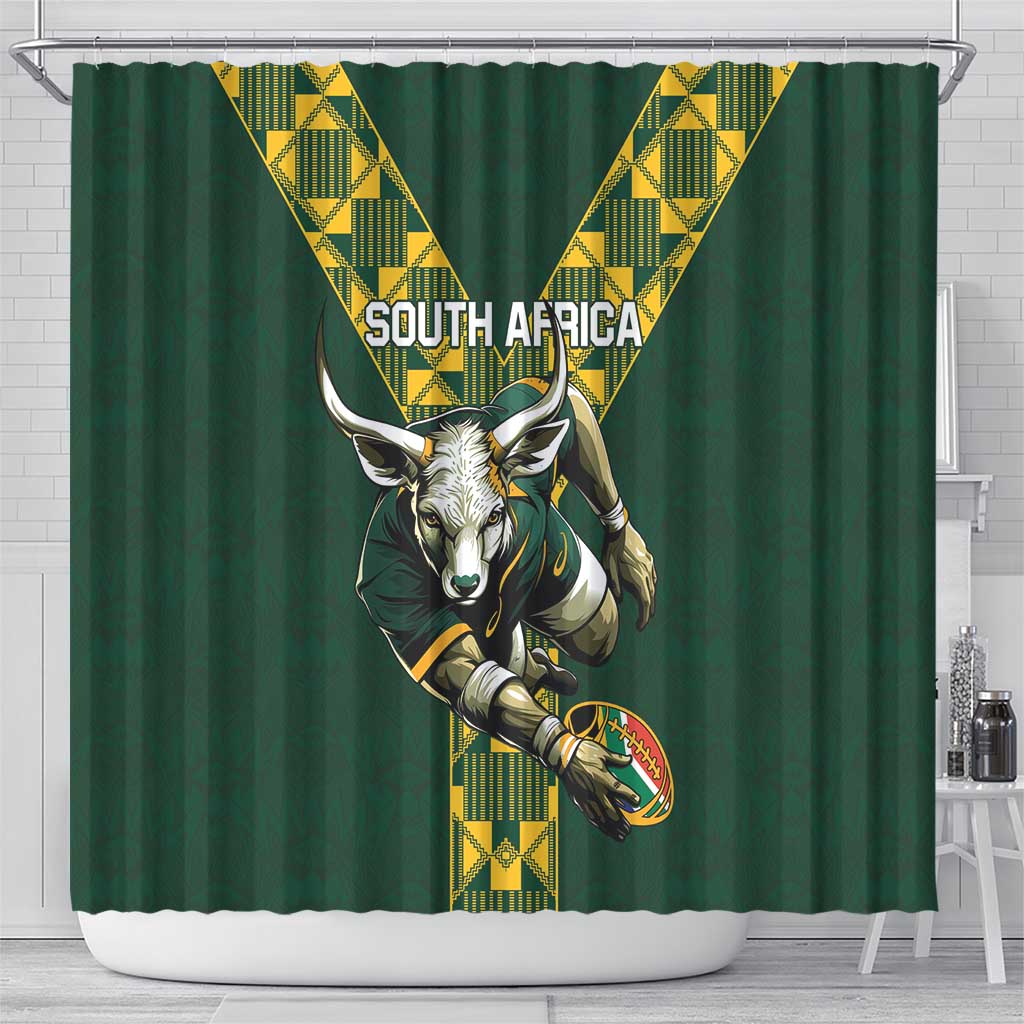 Green rugby shower curtain panel with South Africa text and springbok holding a rugby ball