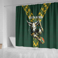 Green rugby shower curtain with South Africa text and springbok with rugby ball graphic
