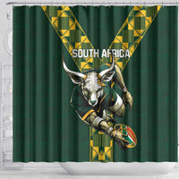 Green rugby shower curtain with South Africa banner and springbok rugby graphic centered