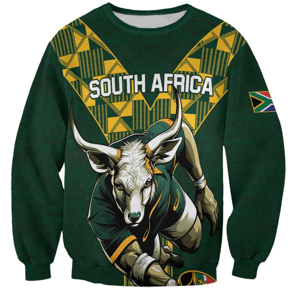 Green rugby sweatshirt with yellow geometric panels and springbok graphic, 'SOUTH AFRICA' text