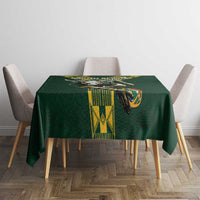 Green rugby tablecloth with central bull graphic and yellow patterned cross panel