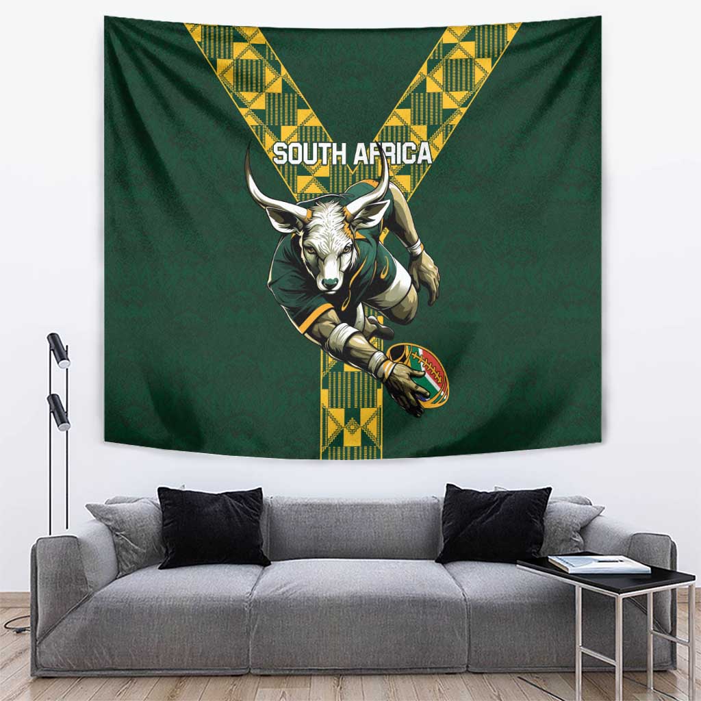 Green rugby wall tapestry with bull mascot holding a ball and yellow patterned V stripes