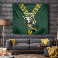 Green rugby wall tapestry showing bull mascot holding a ball with bold yellow patterned V