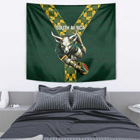 Green rugby tapestry featuring South Africa bull mascot, holding a ball, with yellow V border