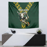 Green rugby tapestry centered on bull mascot holding a ball, with yellow geometric V accents