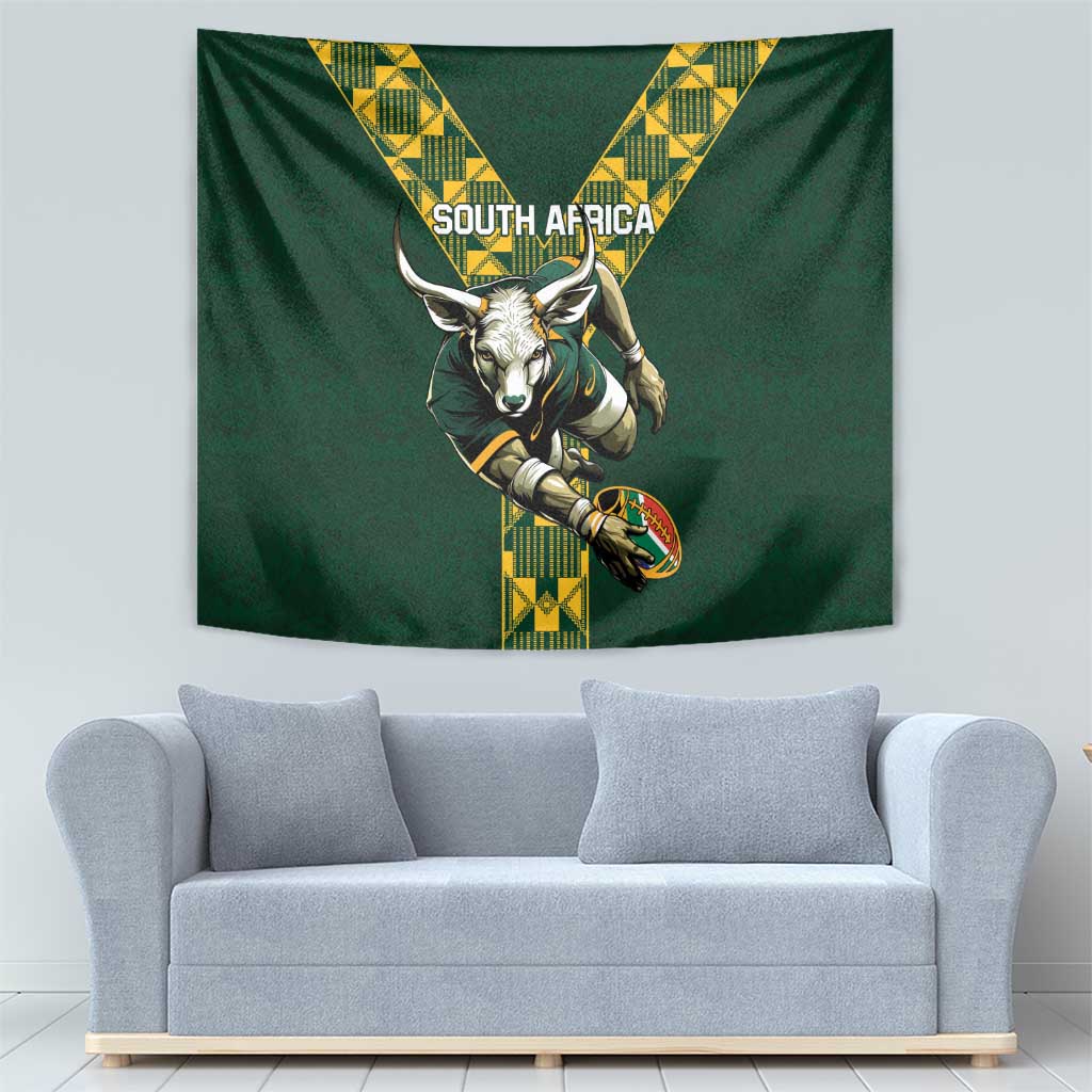 Green South Africa rugby tapestry with bull mascot holding a ball and yellow patterned V