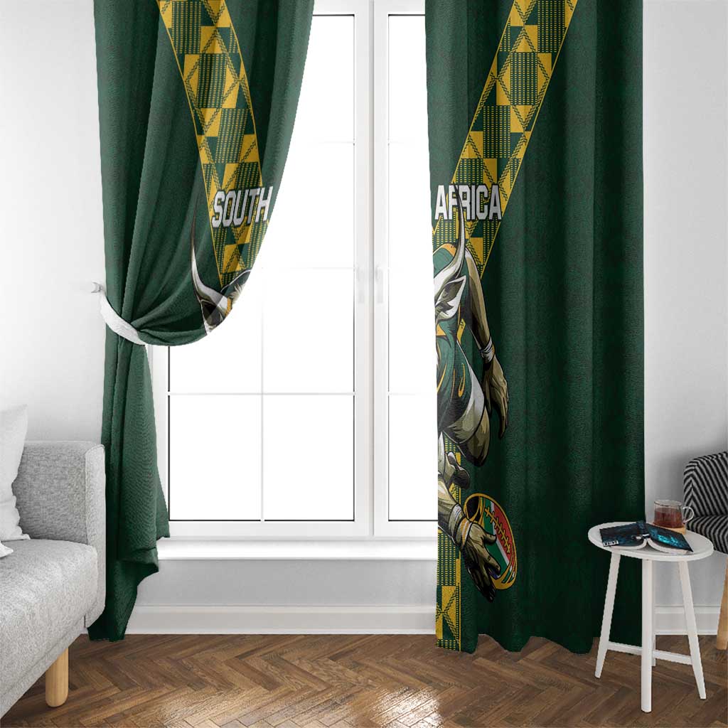 Green window curtains with South Africa rugby emblem print and yellow geometric side panels