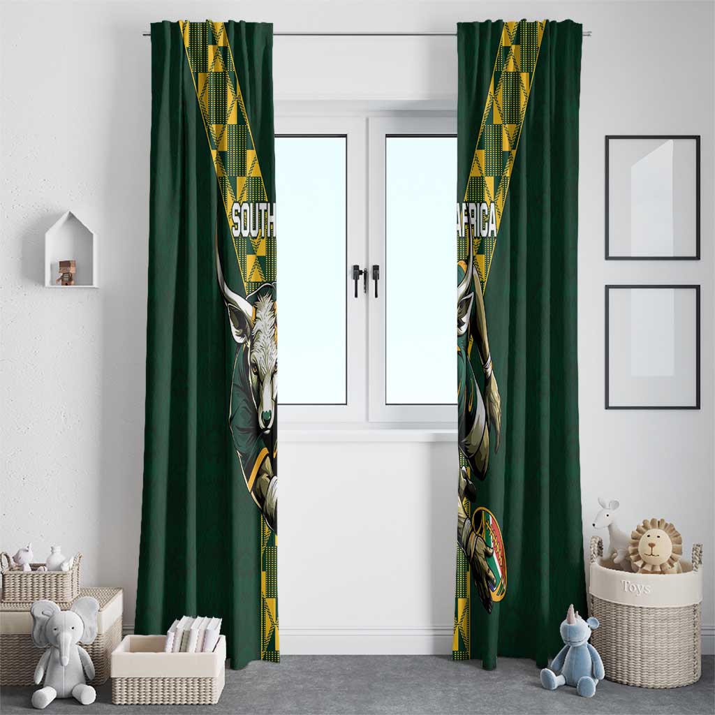Green hanging curtains with South Africa rugby emblems and yellow patterned hanging bands
