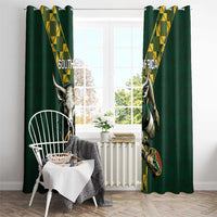 Green window curtains with South Africa rugby emblems, yellow patterned borders, and grommet tops