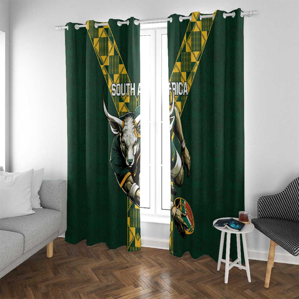 Green window curtain pair with South Africa rugby emblem prints and yellow patterned center panels