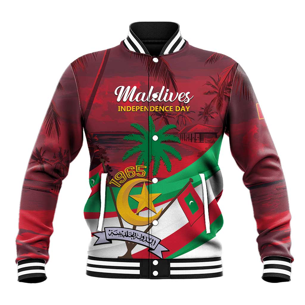 Red baseball jacket with ribbed collar, front button-up, palm tree and Independence flag graphic