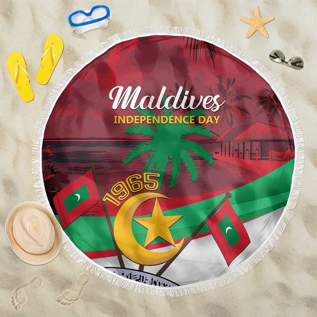 Round red beach blanket with tassel fringe, Maldives Independence Day 1965 graphic centerpiece.