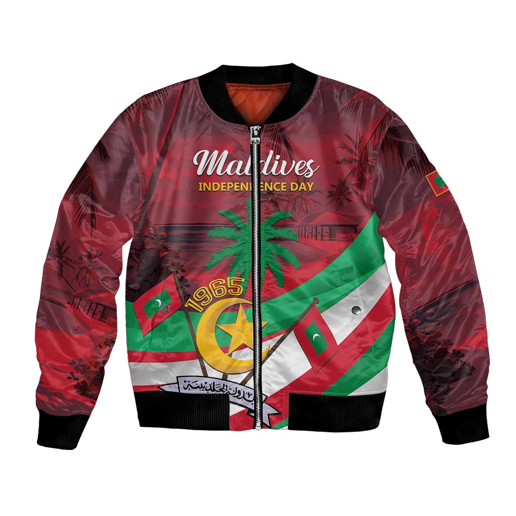 Red bomber jacket with Maldives 1965 flag print, front zip, black ribbed collar