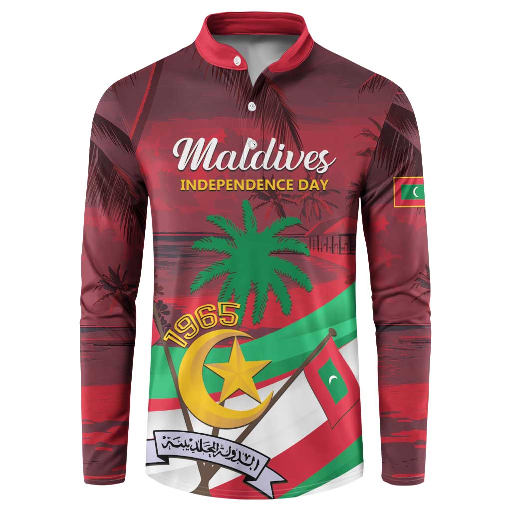 Red long-sleeve button sweatshirt with Maldives Independence Day graphic and flag print