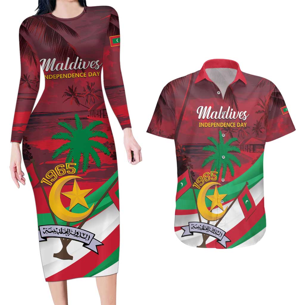 Personalized Maldives Independence Day 1965 Couples Matching Long Sleeve Bodycon Dress and Hawaiian Shirt Dhivehi Raajjeyge Jumhooriyyaa - Wonder Print Shop