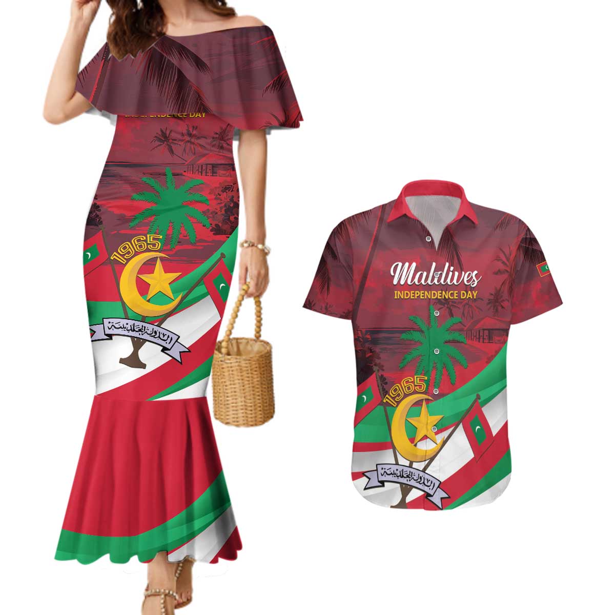 Personalized Maldives Independence Day 1965 Couples Matching Mermaid Dress and Hawaiian Shirt Dhivehi Raajjeyge Jumhooriyyaa - Wonder Print Shop