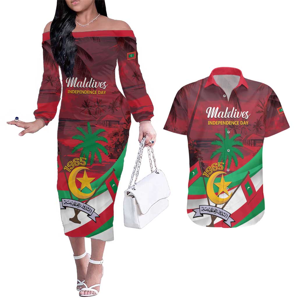 Personalized Maldives Independence Day 1965 Couples Matching Off The Shoulder Long Sleeve Dress and Hawaiian Shirt Dhivehi Raajjeyge Jumhooriyyaa - Wonder Print Shop