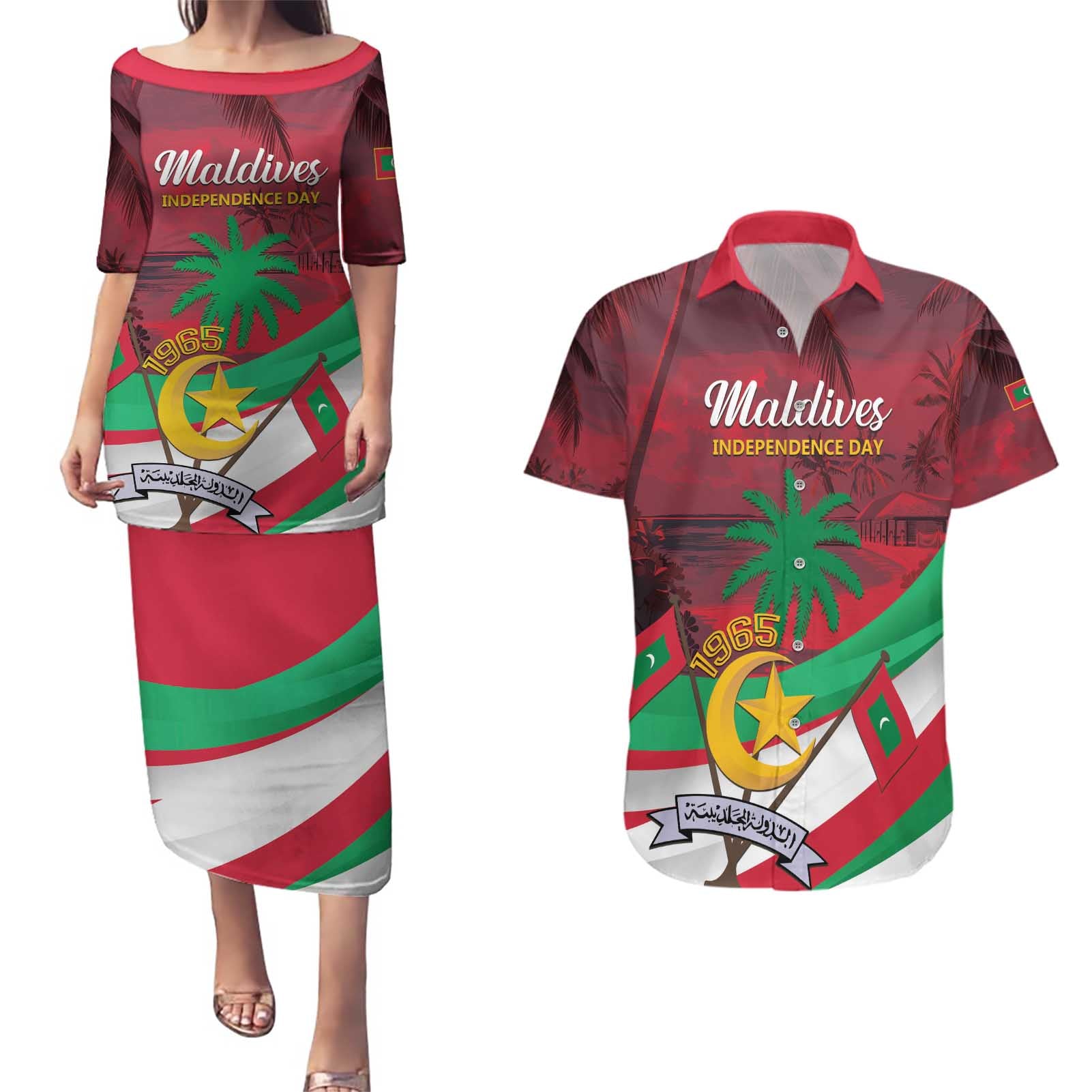 Personalized Maldives Independence Day 1965 Couples Matching Puletasi and Hawaiian Shirt Dhivehi Raajjeyge Jumhooriyyaa - Wonder Print Shop