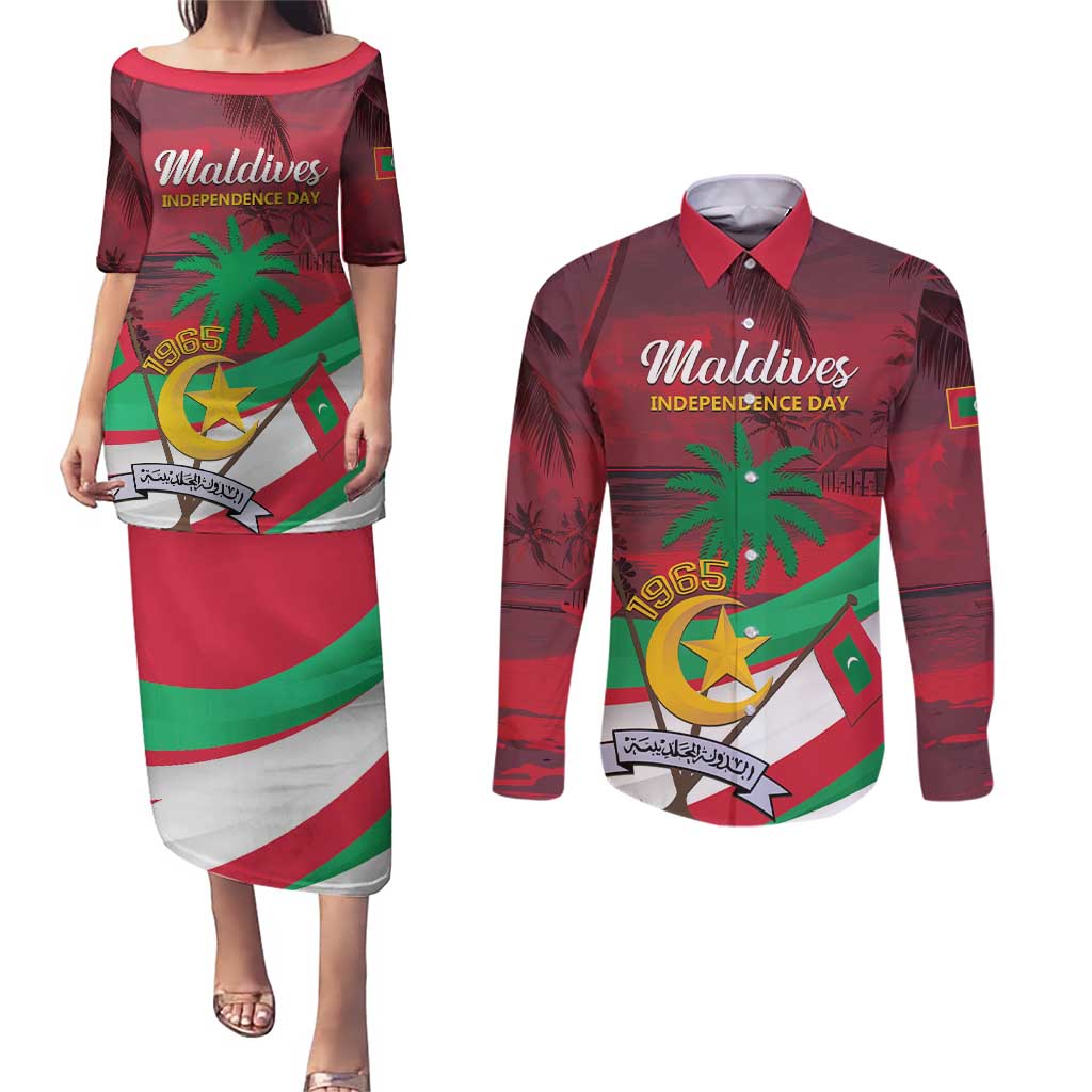 Personalized Maldives Independence Day 1965 Couples Matching Puletasi and Long Sleeve Button Shirt Dhivehi Raajjeyge Jumhooriyyaa - Wonder Print Shop