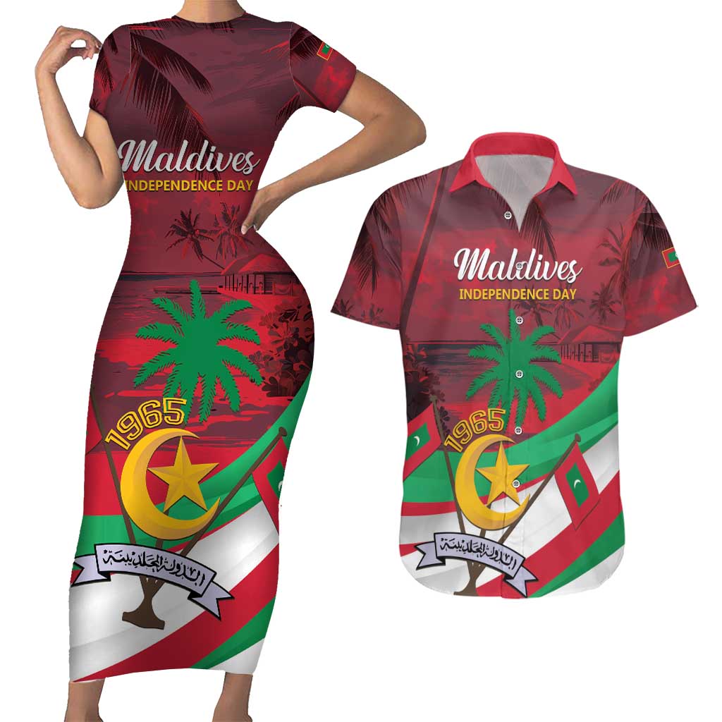 Personalized Maldives Independence Day 1965 Couples Matching Short Sleeve Bodycon Dress and Hawaiian Shirt Dhivehi Raajjeyge Jumhooriyyaa - Wonder Print Shop