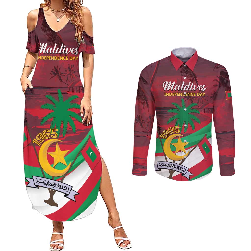 Personalized Maldives Independence Day 1965 Couples Matching Summer Maxi Dress and Long Sleeve Button Shirt Dhivehi Raajjeyge Jumhooriyyaa - Wonder Print Shop