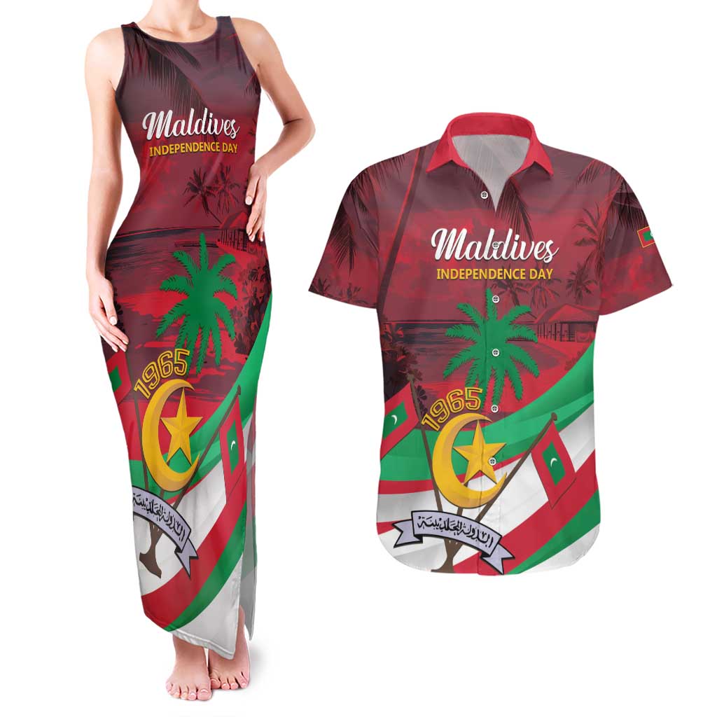 Personalized Maldives Independence Day 1965 Couples Matching Tank Maxi Dress and Hawaiian Shirt Dhivehi Raajjeyge Jumhooriyyaa - Wonder Print Shop