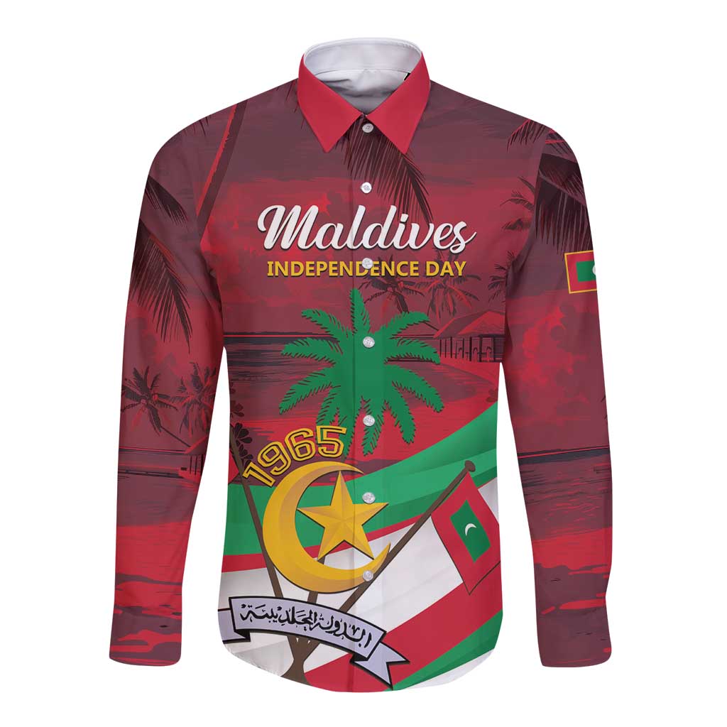 Red long-sleeve button shirt with front Independence Day 1965 palm flag graphic
