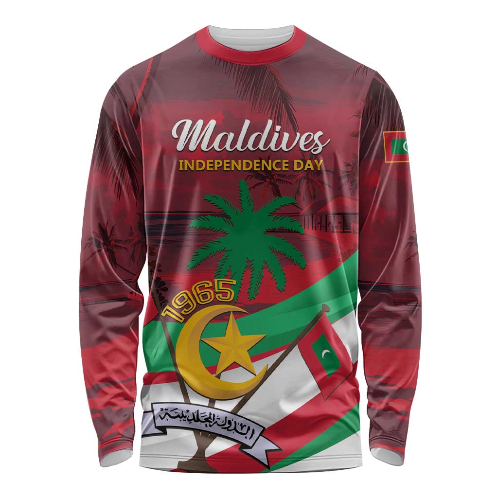 Red long-sleeve crewneck shirt with 'Maldives Independence Day 1965' graphic