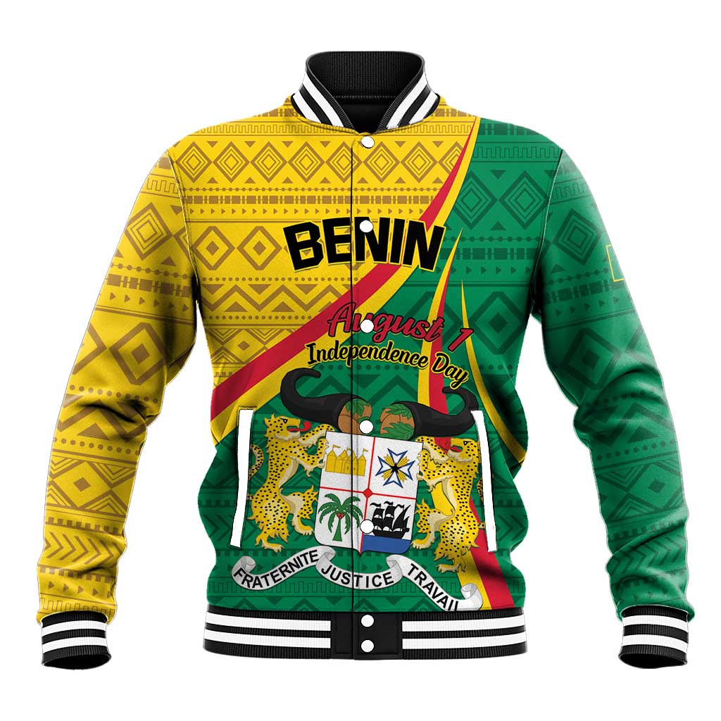 Colorful baseball jacket with Benin graphic, striped collar, ribbed cuffs