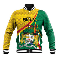 Colorful baseball jacket with Benin graphic, striped collar, ribbed cuffs