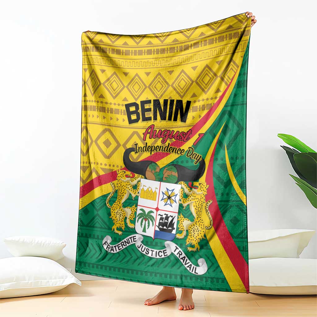 Colorful Benin independence blanket with BENIN text, shield and flag stripes, Fraternite Justice