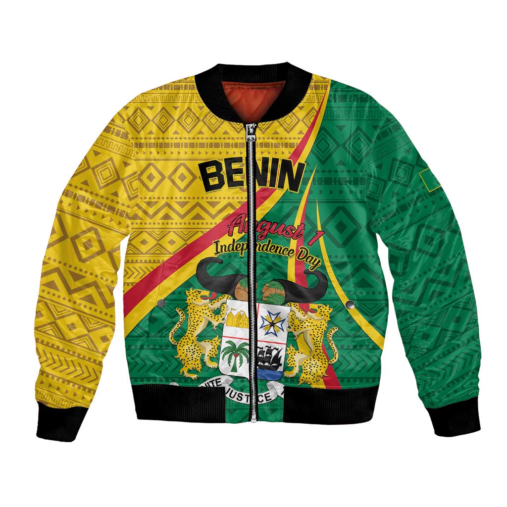 Colorful bomber jacket with front zip and Benin-themed graphic on yellow green red