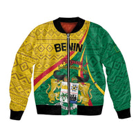 Colorful bomber jacket with front zip and Benin-themed graphic on yellow green red