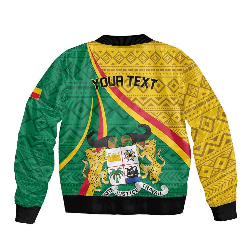 Colorful bomber jacket back view with YOUR TEXT print and Benin-themed crest