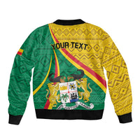 Colorful bomber jacket back view with YOUR TEXT print and Benin-themed crest