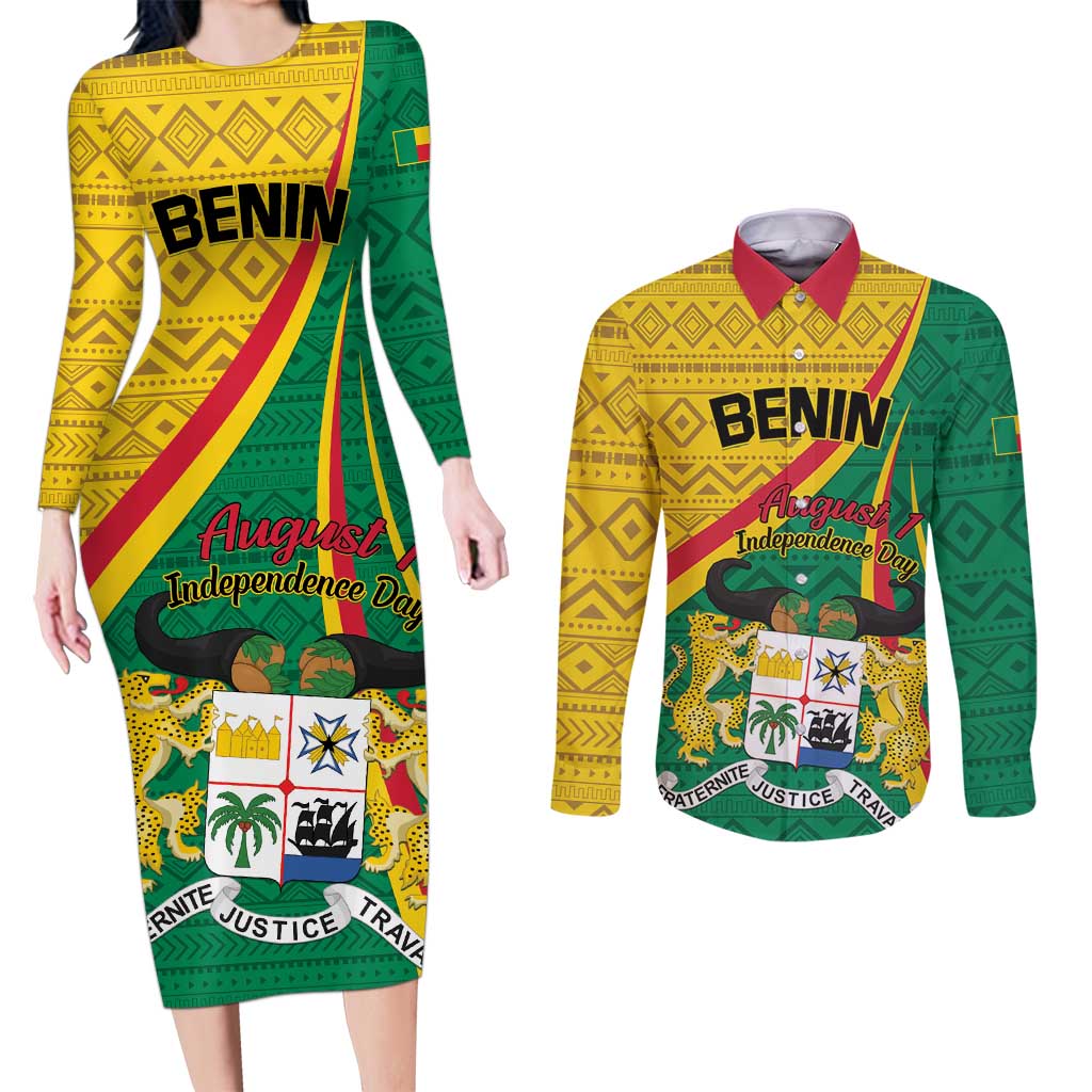 Personalized Benin Independence Day 1960 Couples Matching Long Sleeve Bodycon Dress and Long Sleeve Button Shirt Fraternite Justice Travail - Wonder Print Shop