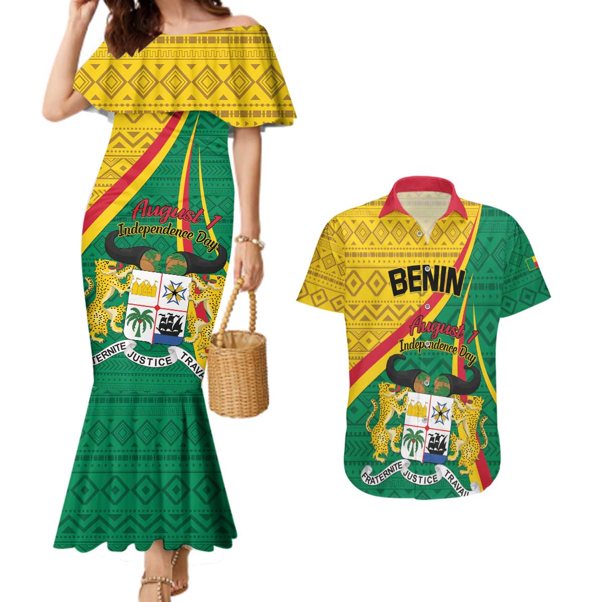 Personalized Benin Independence Day 1960 Couples Matching Mermaid Dress and Hawaiian Shirt Fraternite Justice Travail - Wonder Print Shop